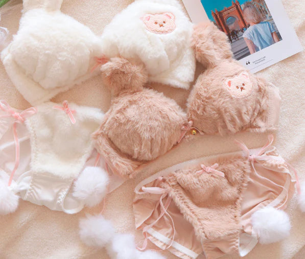 Winter Fluffy Bear Cat Panda Cute Women's Bra & Panties Set: Wirefree Underwear