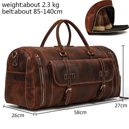 Genuine Leather Men's Travel Bag with Shoe Pocket – Retro Crazy Horse Leather Large Capacity Luggage Bag for Business Trips