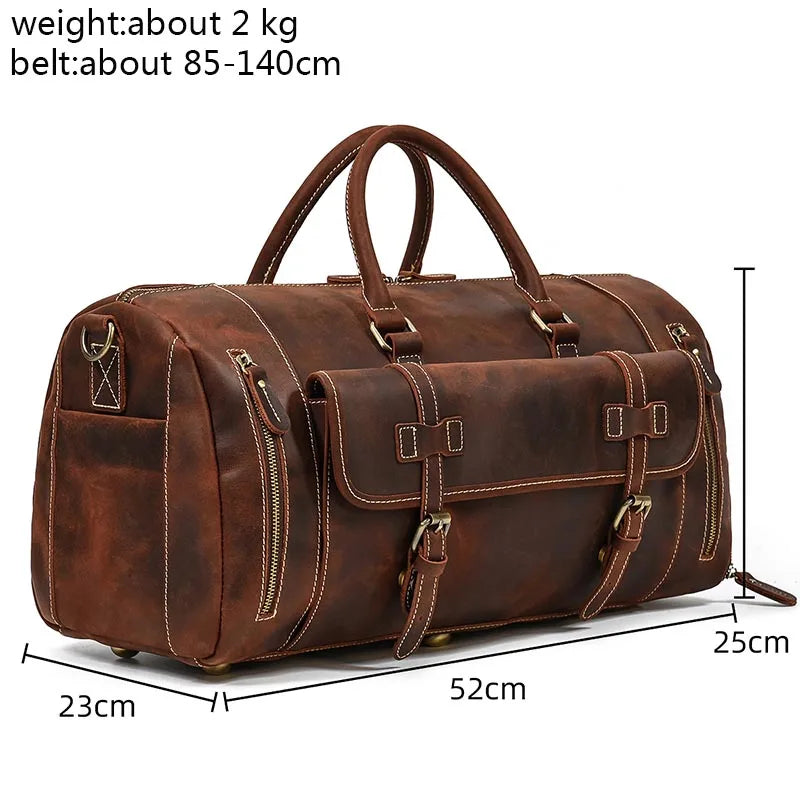 Genuine Leather Men's Travel Bag with Shoe Pocket – Retro Crazy Horse Leather Large Capacity Luggage Bag for Business Trips