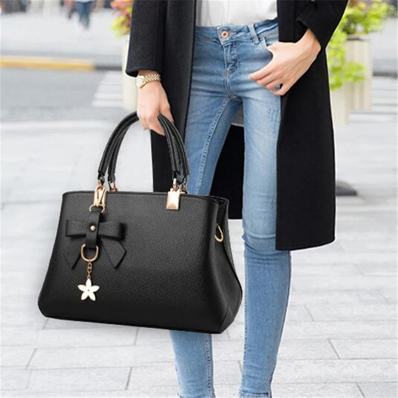 Elegant Women’s Messenger Bags with Flower Pendant - Stylish Office Totes and Pure Handbag for Female Crossbody and Shoulder Use