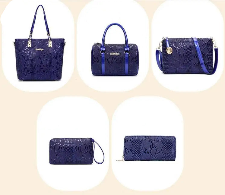 5-Piece Luxury Brands Women's Bag Set: Tote, Shoulder/Messenger, & Clutch in High-Quality Serpentine Design