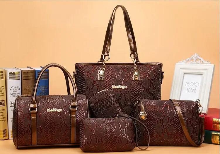 5-Piece Luxury Brands Women's Bag Set: Tote, Shoulder/Messenger, & Clutch in High-Quality Serpentine Design