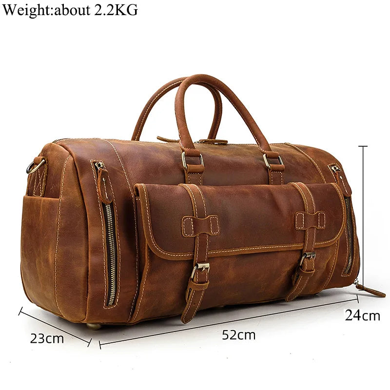 Genuine Leather Men's Travel Bag with Shoe Pocket – Retro Crazy Horse Leather Large Capacity Luggage Bag for Business Trips