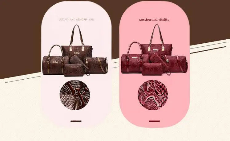 5-Piece Luxury Brands Women's Bag Set: Tote, Shoulder/Messenger, & Clutch in High-Quality Serpentine Design