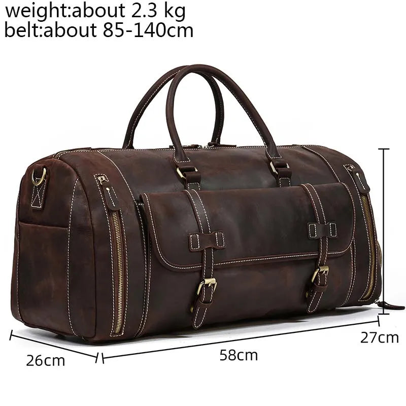 Genuine Leather Men's Travel Bag with Shoe Pocket – Retro Crazy Horse Leather Large Capacity Luggage Bag for Business Trips