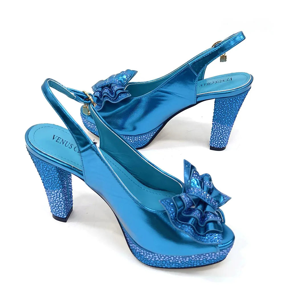 2025 New Designer Italian Women's Heels & Bag Set: Sky Blue with Rhinestones for Parties