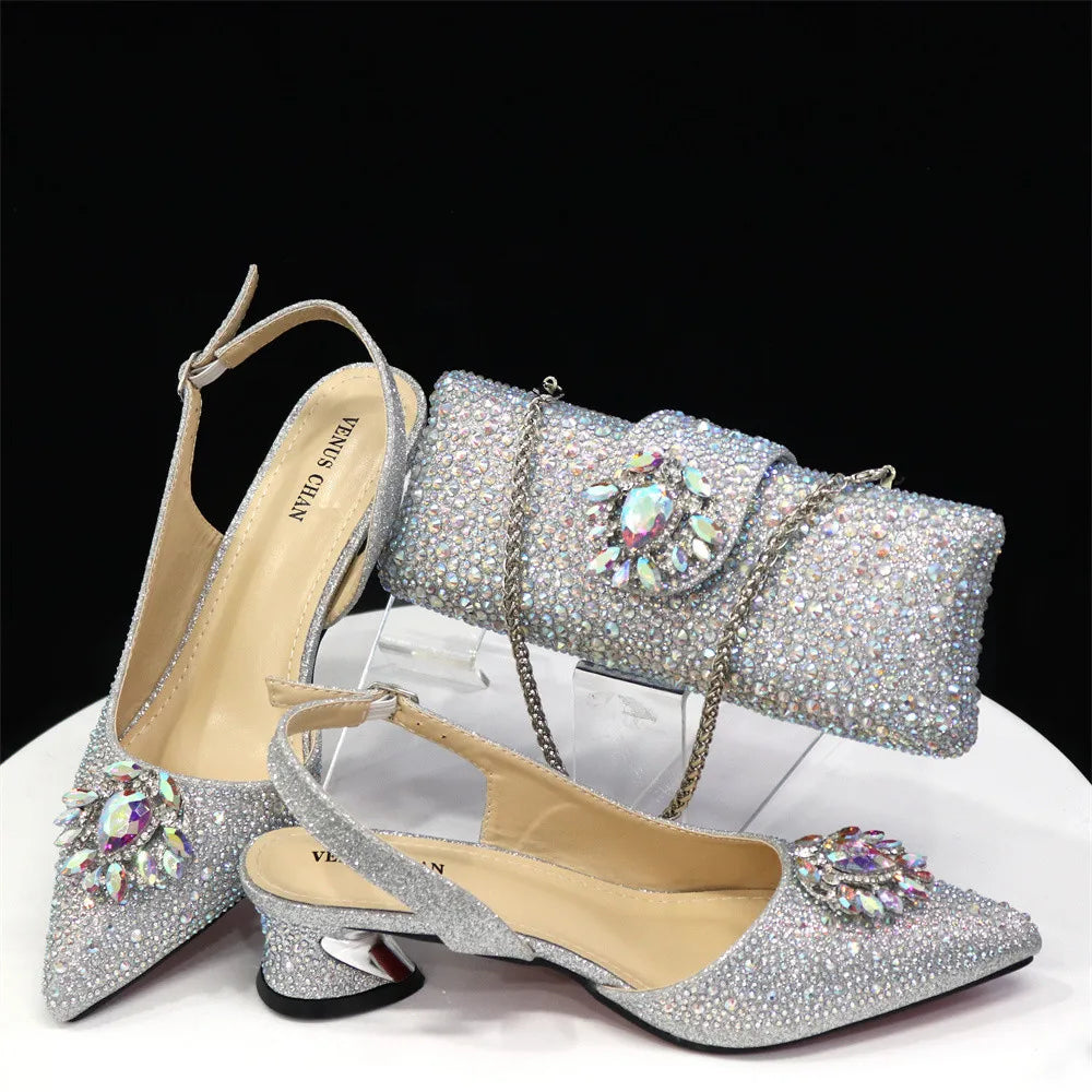 Purple 2025 Italian Design Girly Style Open Toe Shoes and Bag Set – Full Diamond Decoration with Appliques for Wedding Parties