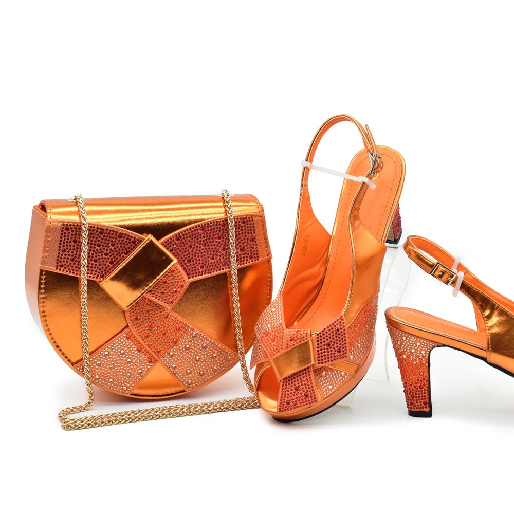 New Fashion Matching Shoe and Bag Set: Orange Platform Heel for Parties