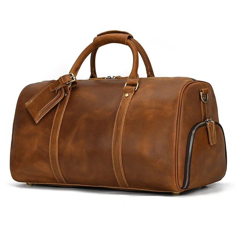 52cm Vintage Genuine Leather Travel Duffle Bag for Men: Large Cowhide Weekend Shoulder Bag