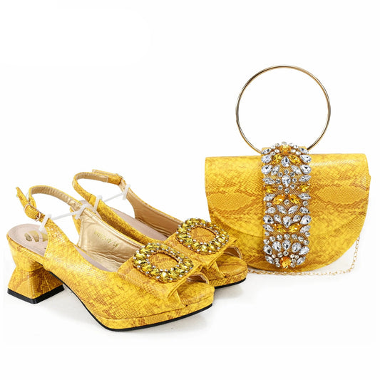 2025 Autumn Collection: Italian Women's Comfortable Mid Heel Shoes & Bag Set with Rhinestones in Vibrant Yellow