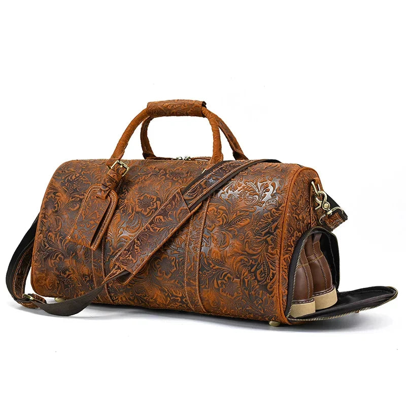 52cm Vintage Genuine Leather Travel Duffle Bag for Men: Large Cowhide Weekend Shoulder Bag