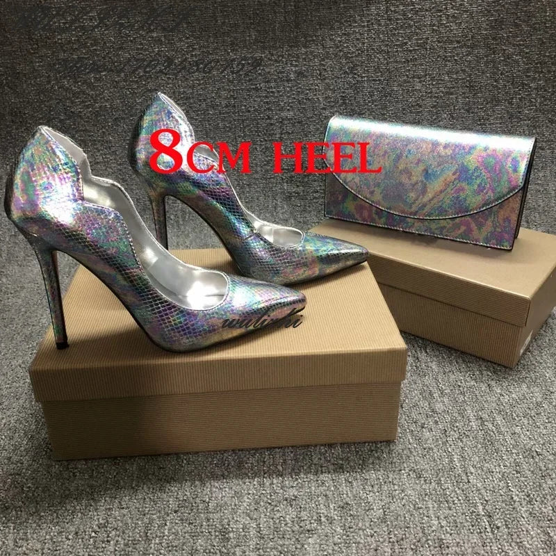 Silver Color Wave Light Scale Pumps - Women's 8/10 CM Hollow Heel Sandals & Handbag Set for Spring - Sexy Slim Heels for Hot Girls