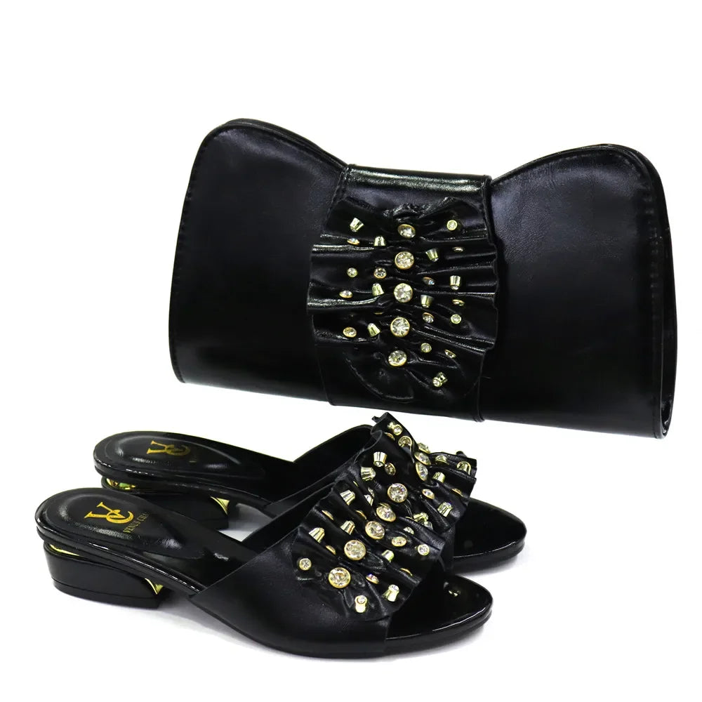 2025 Italian Design Fashion Women's Low Heel Shoes & Bags Set: Comfortable Leather Ladies Slippers