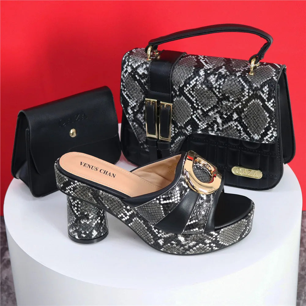 New Design Black Fashionable & Elegant Ladies High Heels Peep Toe Shoes with Matching Bag for Wedding Parties