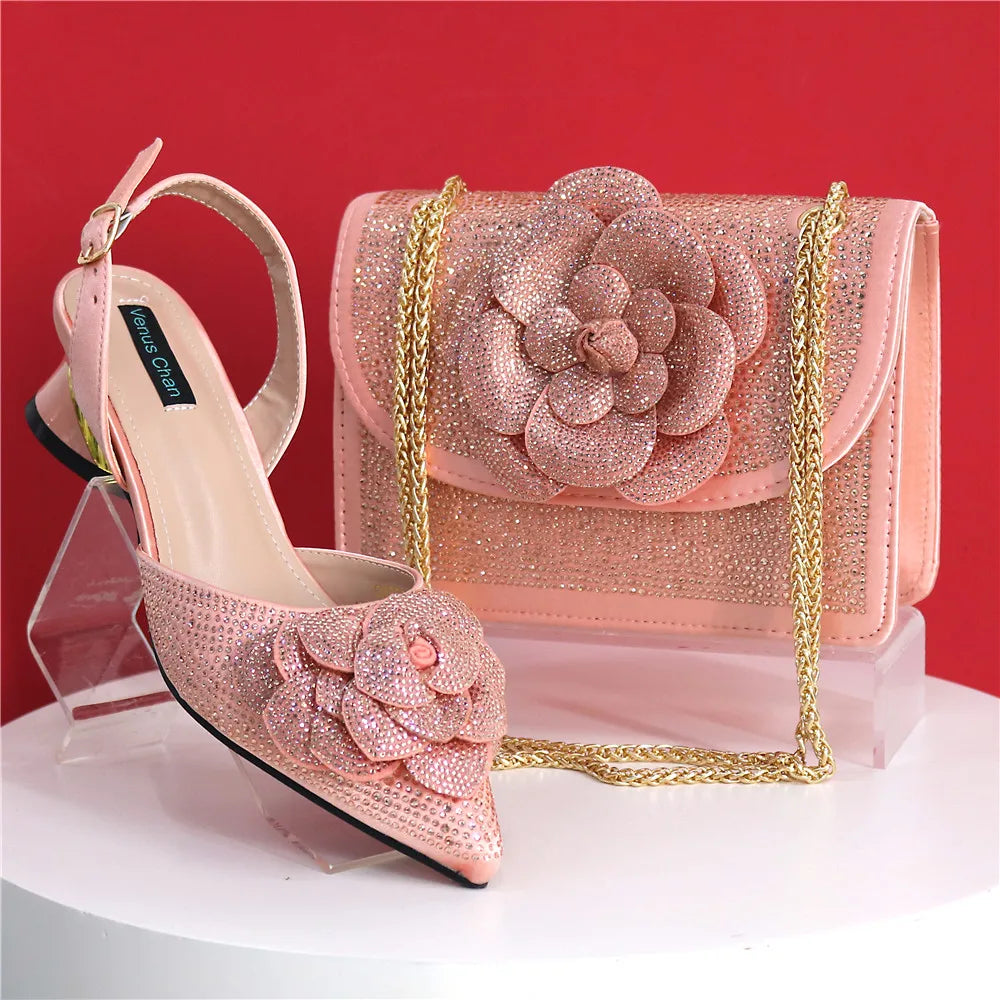 Peach Color Elegant Lady Shoes & Bag Set: Rhinestone Embellished with Pearl Knot