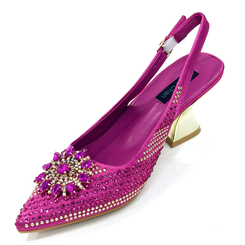 2025 New Design Specials: Italian Women’s Shoes and Bag Set in Fuchsia Color – Comfortable High Heels with Rhinestone Accents