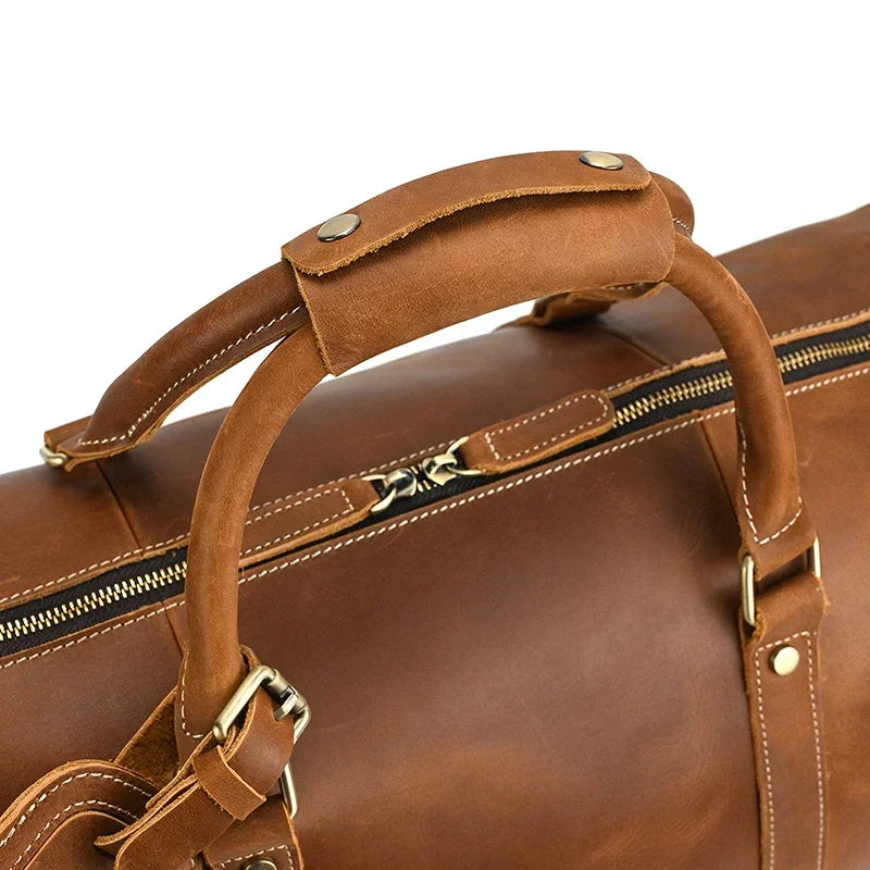 52cm Vintage Genuine Leather Travel Duffle Bag for Men: Large Cowhide Weekend Shoulder Bag