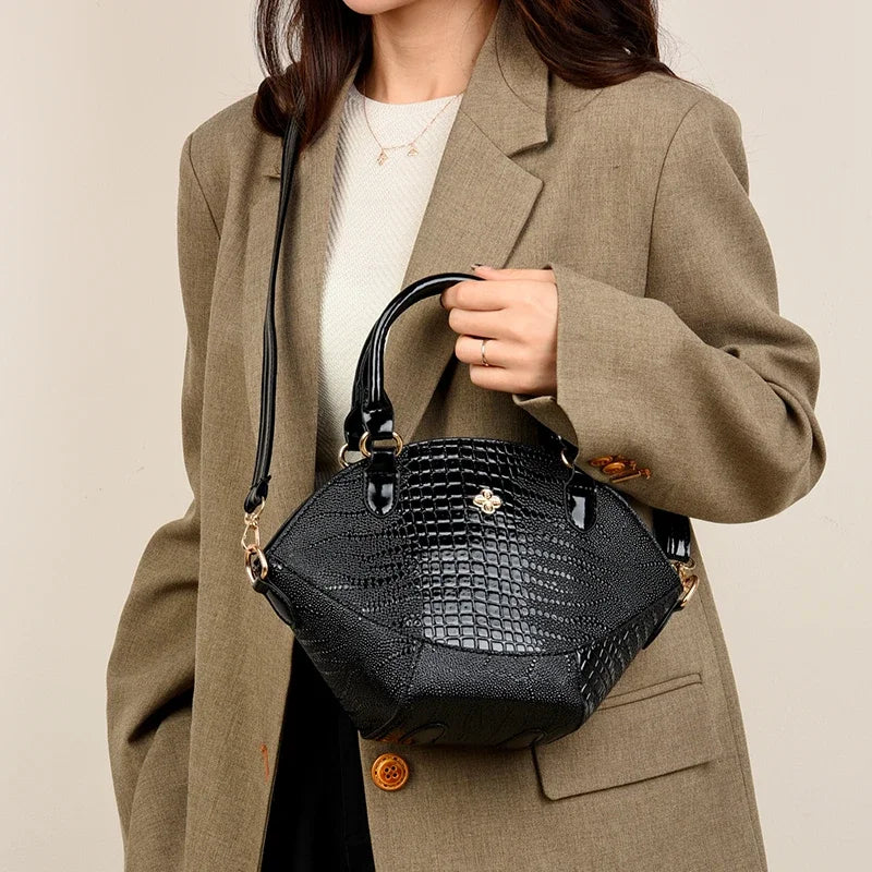 Women's Leather Crocodile Pattern Crossbody Bag: Classic Khaki, Coffee, and Black Handbag