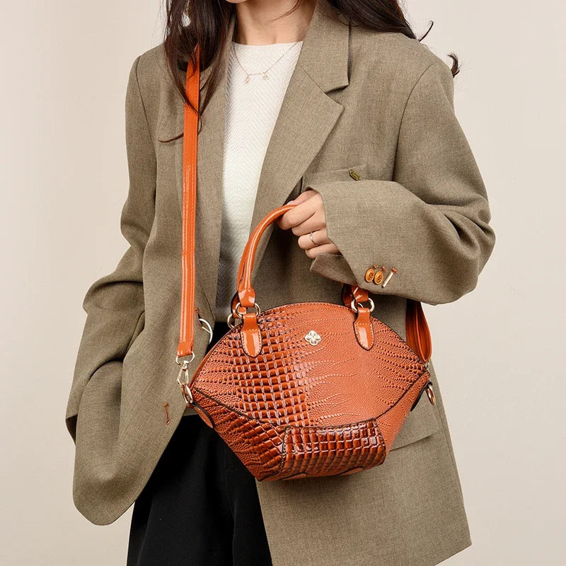 Women's Leather Crocodile Pattern Crossbody Bag: Classic Khaki, Coffee, and Black Handbag