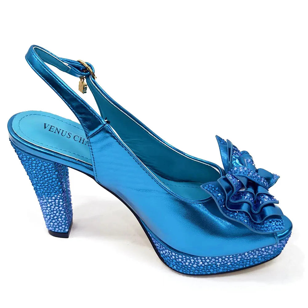 2025 New Designer Italian Women's Heels & Bag Set: Sky Blue with Rhinestones for Parties