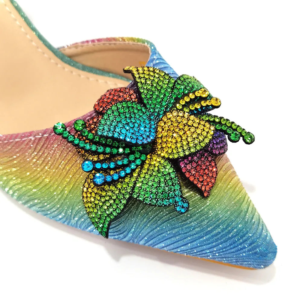 Elegant & Sexy Rainbow Color High Heels & Bag Set with Rhinestone-Embellished Toe - Comfortable Women's Party Shoes