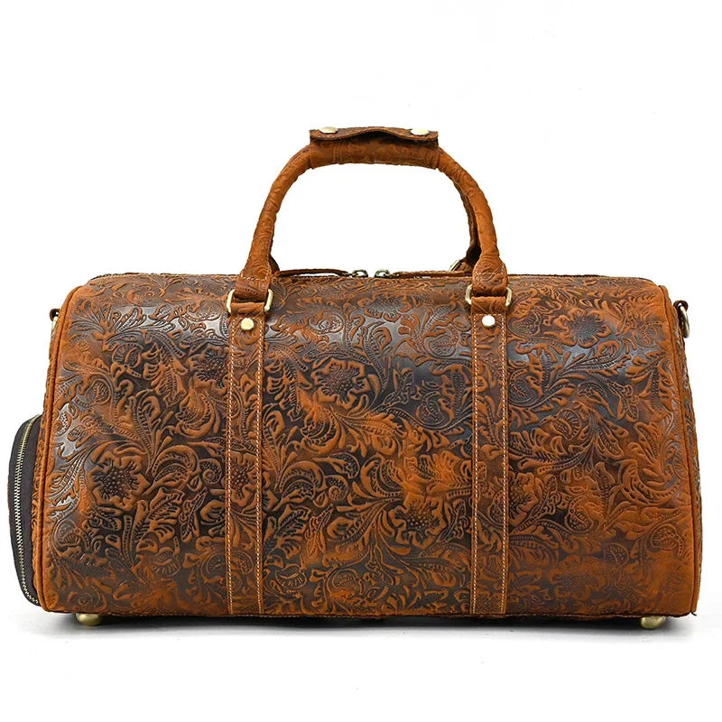 52cm Vintage Genuine Leather Travel Duffle Bag for Men: Large Cowhide Weekend Shoulder Bag