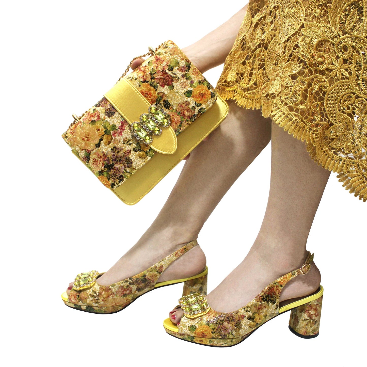 2025 Elegant Yellow Comfort Heels & Bag Set for Women - High-Quality Italian Design with Sparkling Crystals