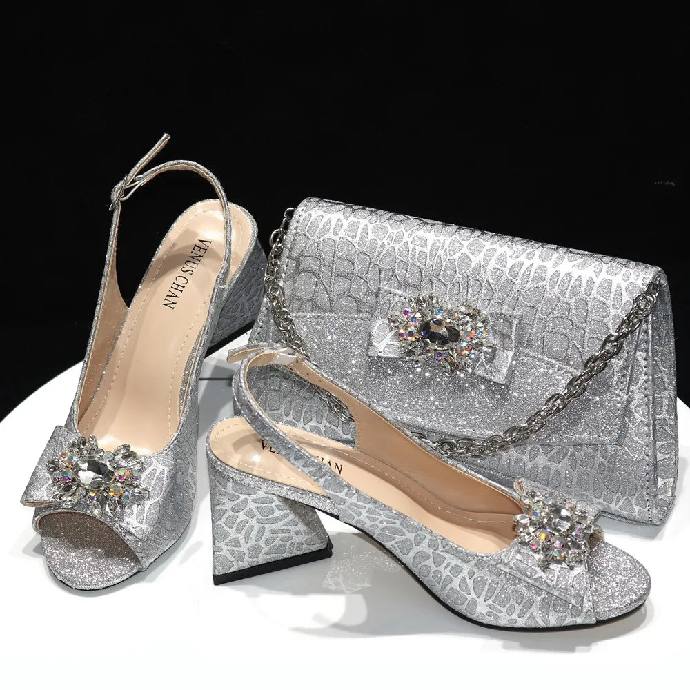 2025 New Fashion Italian Shoes and Bag Sets - Colorful Handbags with Stones for Evening Parties