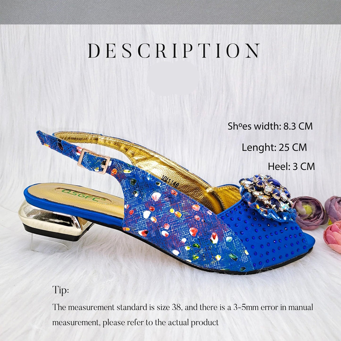 The Latest All-Match French Open-Toe Rhinestone Stiletto Low Heel Shoes & Royal Blue Women's Bag Set