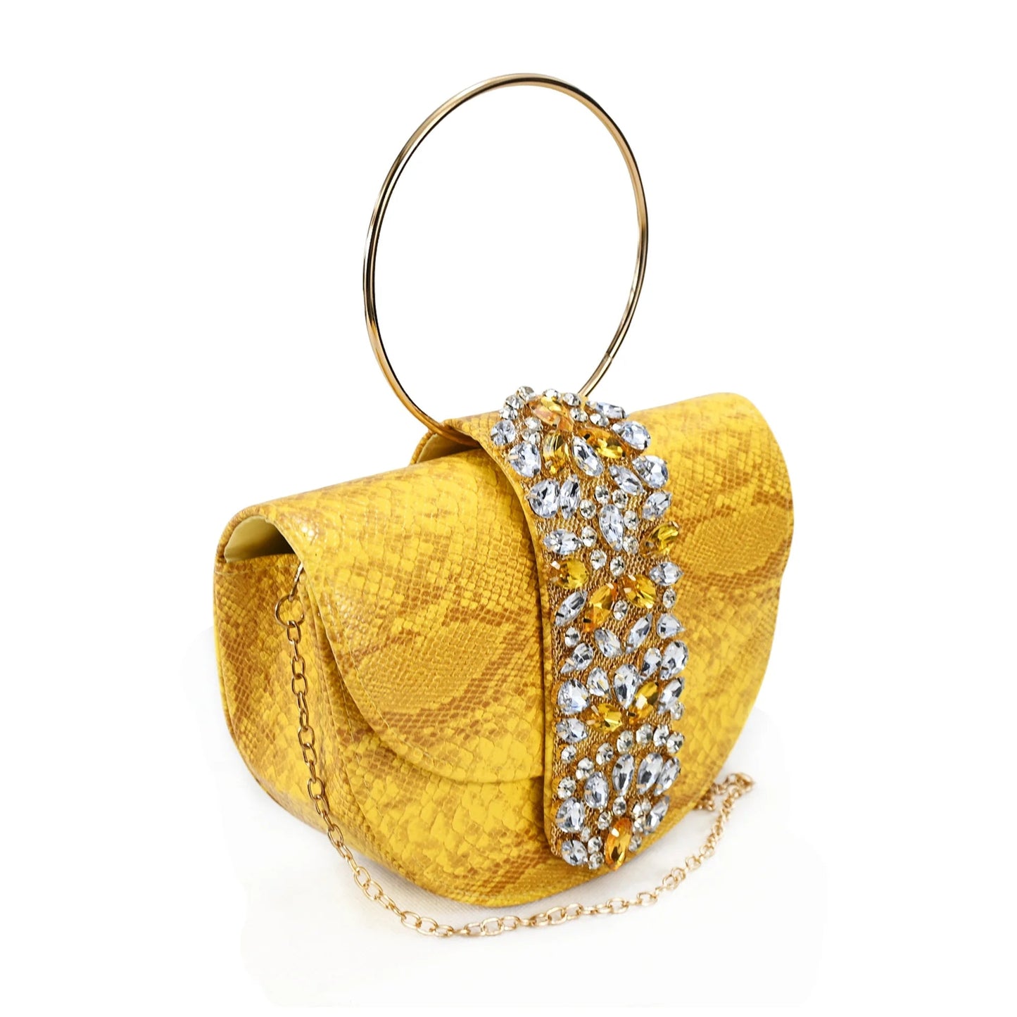 2025 Autumn Collection: Italian Women's Comfortable Mid Heel Shoes & Bag Set with Rhinestones in Vibrant Yellow