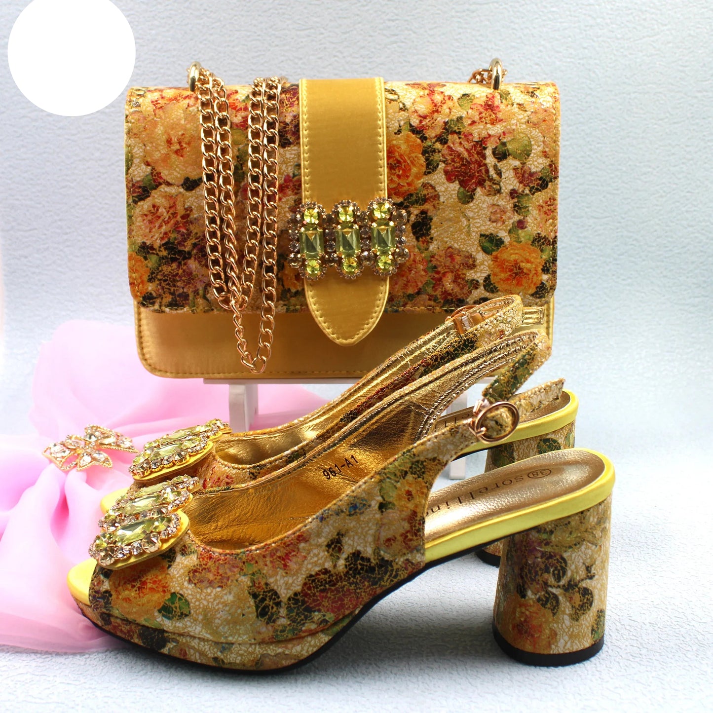 2025 Elegant Yellow Comfort Heels & Bag Set for Women - High-Quality Italian Design with Sparkling Crystals