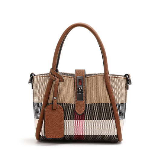 Women's Mini Plaid Handbag: Canvas & Cowhide - Brown