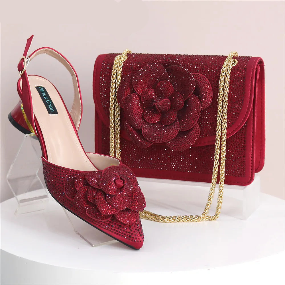 Peach Color Elegant Lady Shoes & Bag Set: Rhinestone Embellished with Pearl Knot