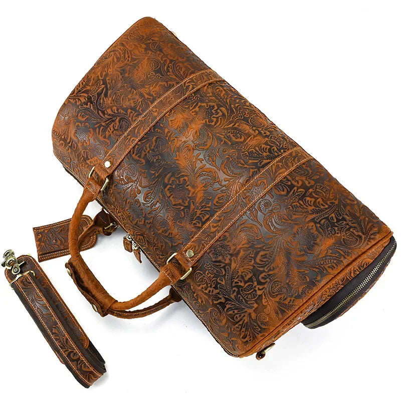 52cm Vintage Genuine Leather Travel Duffle Bag for Men: Large Cowhide Weekend Shoulder Bag