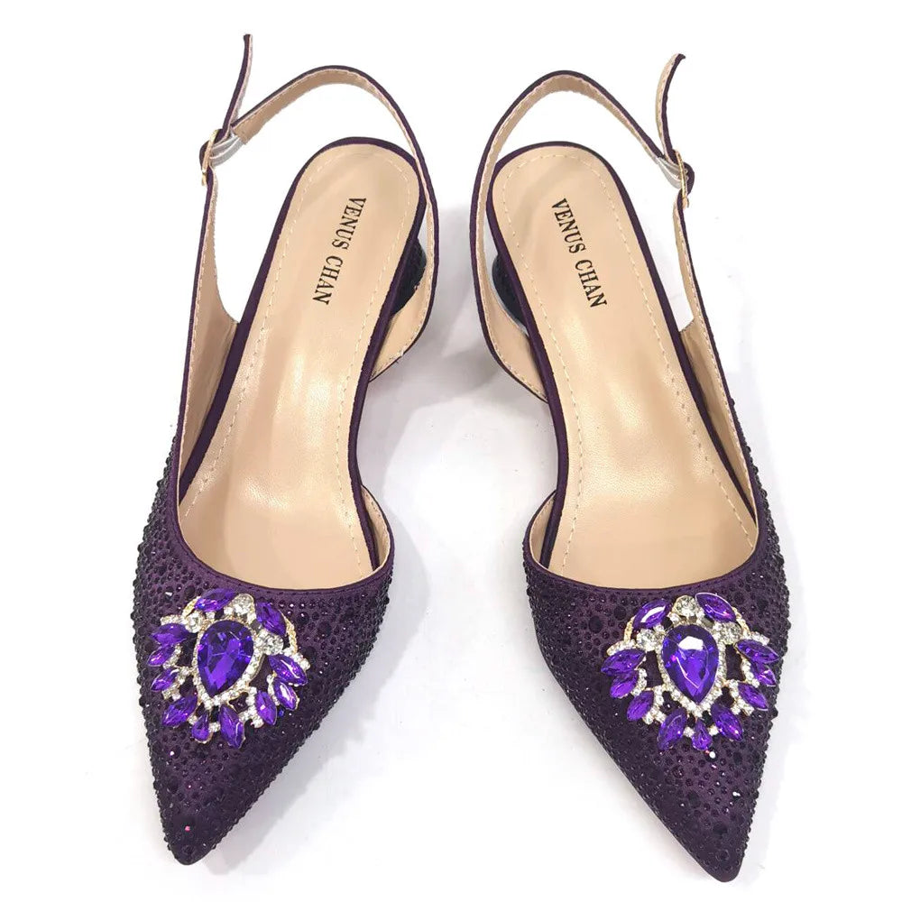 Purple 2025 Italian Design Girly Style Open Toe Shoes and Bag Set – Full Diamond Decoration with Appliques for Wedding Parties