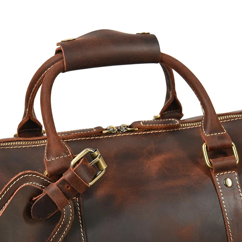 52cm Vintage Genuine Leather Travel Duffle Bag for Men: Large Cowhide Weekend Shoulder Bag