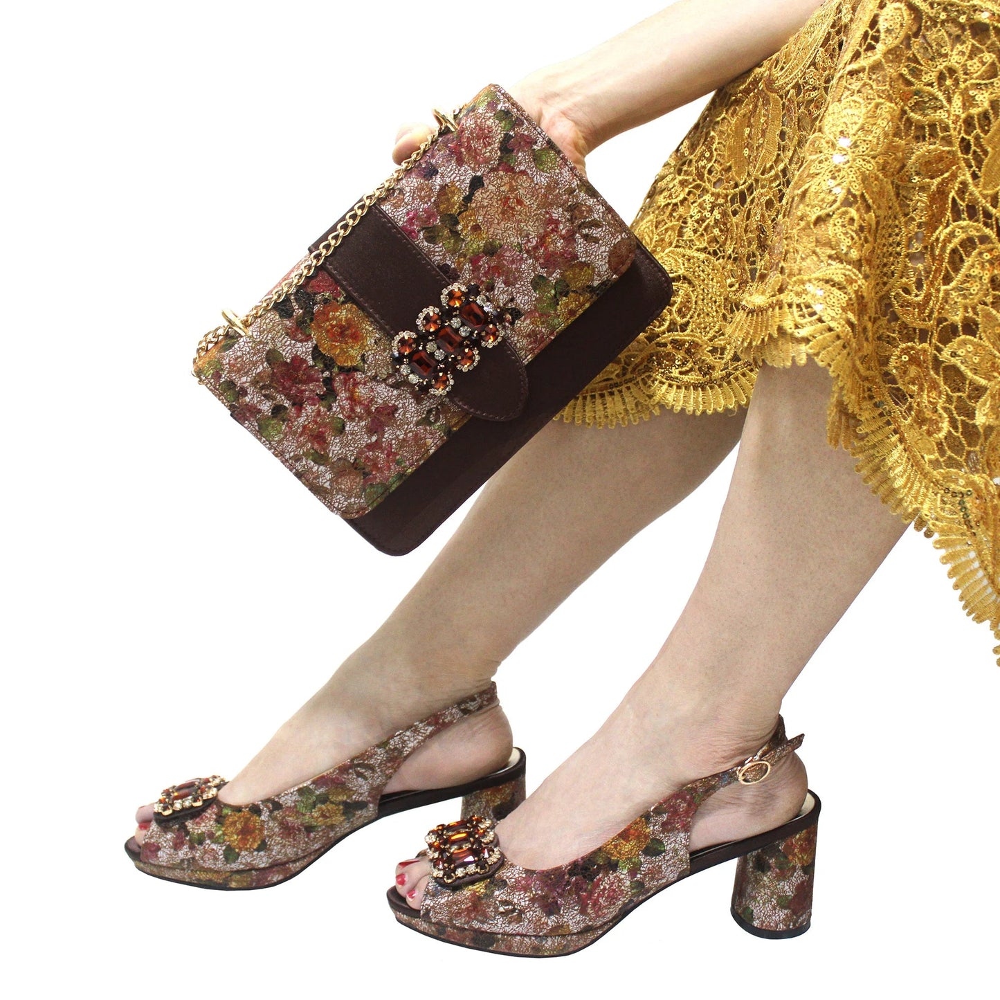 2025 Elegant Yellow Comfort Heels & Bag Set for Women - High-Quality Italian Design with Sparkling Crystals