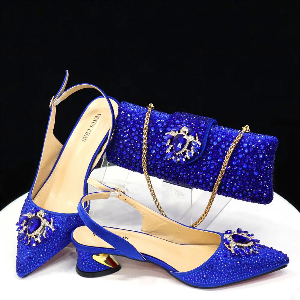 Purple 2025 Italian Design Girly Style Open Toe Shoes and Bag Set – Full Diamond Decoration with Appliques for Wedding Parties