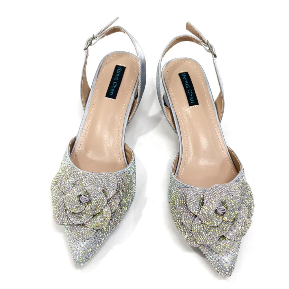 Peach Color Elegant Lady Shoes & Bag Set: Rhinestone Embellished with Pearl Knot