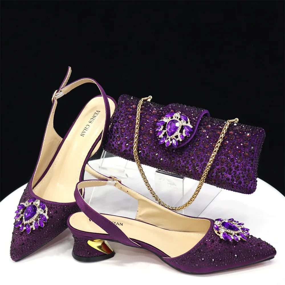 Purple 2025 Italian Design Girly Style Open Toe Shoes and Bag Set – Full Diamond Decoration with Appliques for Wedding Parties