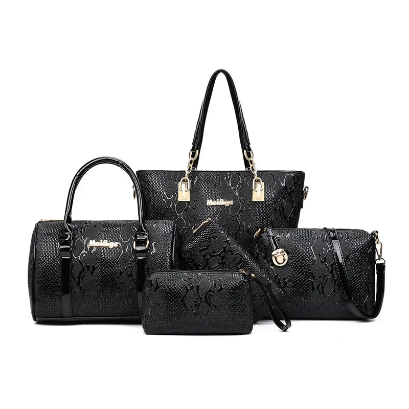 5-Piece Luxury Brands Women's Bag Set: Tote, Shoulder/Messenger, & Clutch in High-Quality Serpentine Design