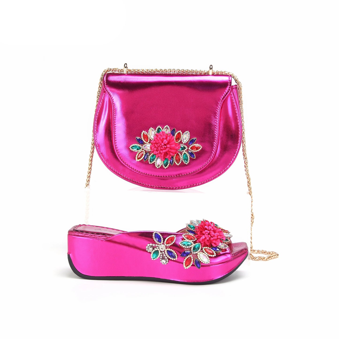 2025 Elegant Fuchsia Floral Peep Toe Slippers & Matching Bag Set for Women's Special Events