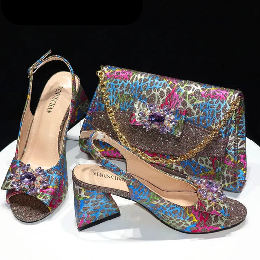 2025 New Fashion Italian Shoes and Bag Sets - Colorful Handbags with Stones for Evening Parties