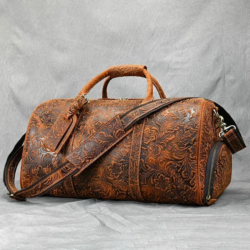 52cm Vintage Genuine Leather Travel Duffle Bag for Men: Large Cowhide Weekend Shoulder Bag