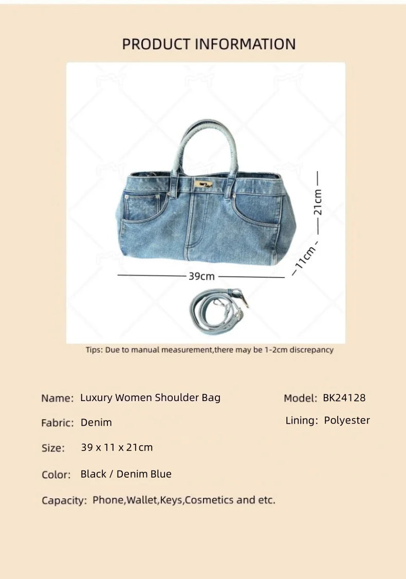 Women's Vintage Denim Tote Bag: Retro Personalized Large Capacity Shoulder Handbag