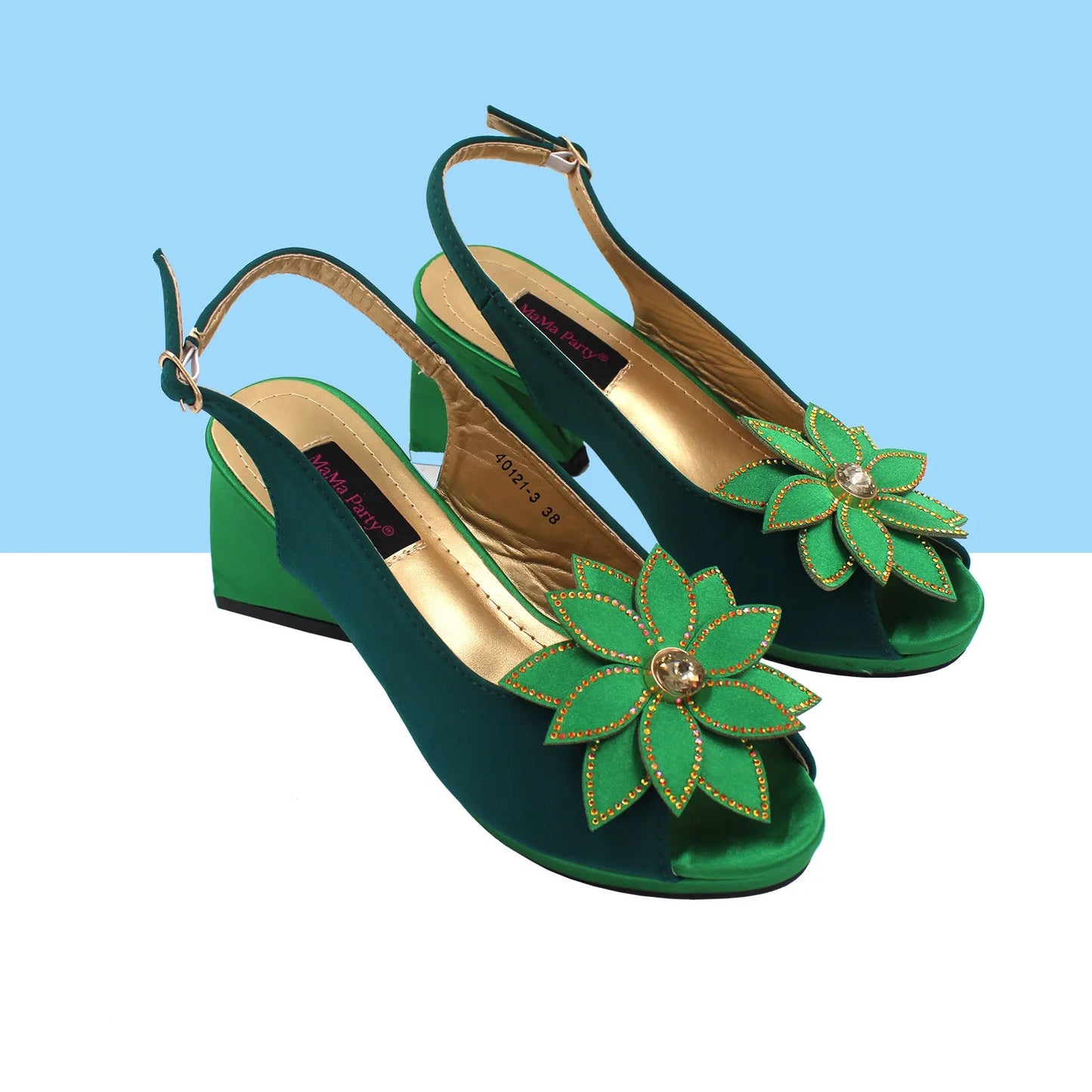 New Design Italian Women’s Shoes and Bag Set in Green - High-Quality Comfortable Heels with Appliqués for Weddings