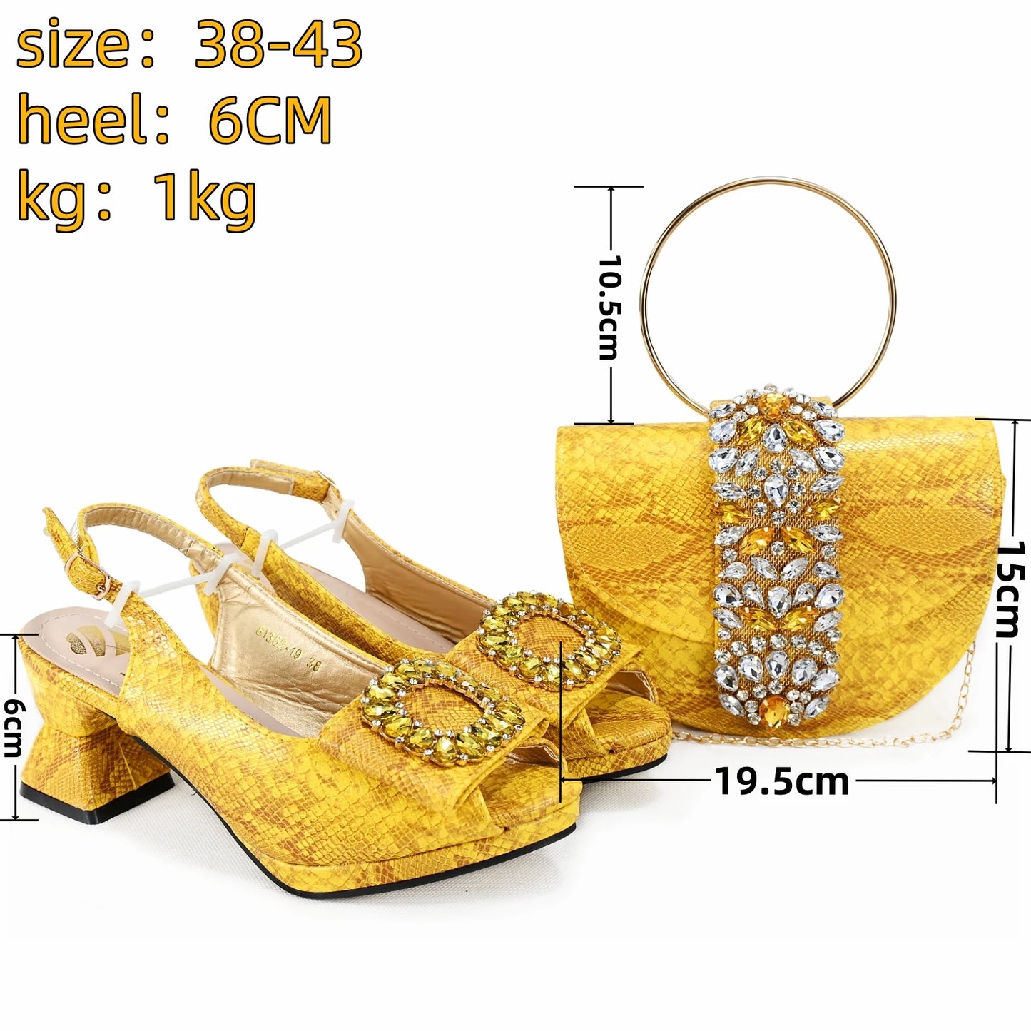 2025 Autumn Collection: Italian Women's Comfortable Mid Heel Shoes & Bag Set with Rhinestones in Vibrant Yellow