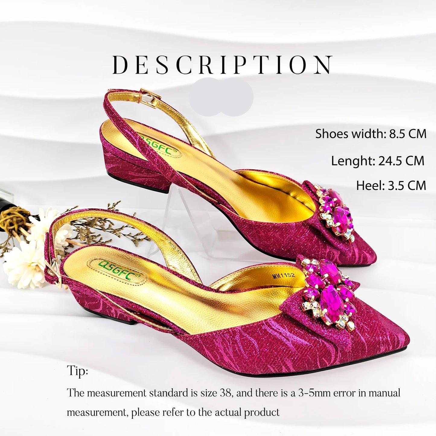 Elegant Mother Style Fuchsia Crystal Low Heel Shoes & Three-Dimensional Capacity Bag - Commuter Women's Footwear Set