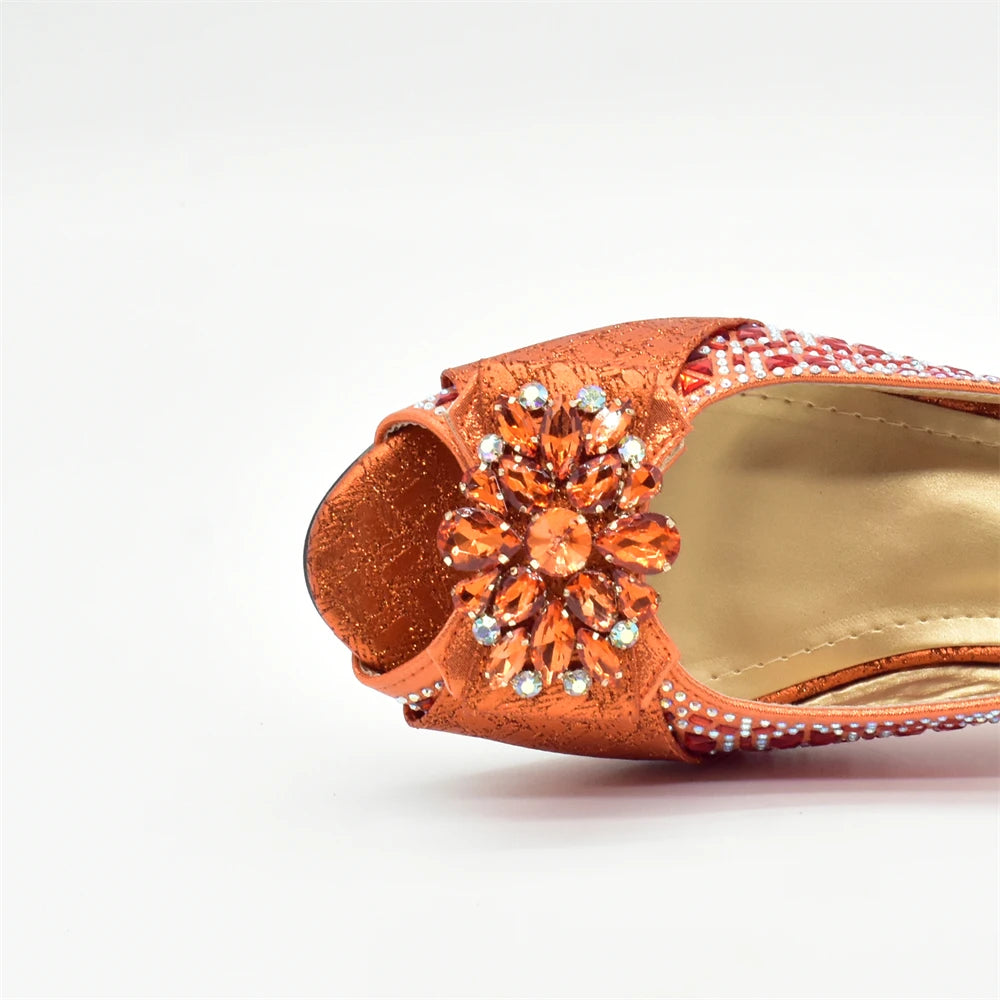 New Arrival Orange Shoe and Bag Set - Luxury Designer Shoes for Women, Matching Wedding Shoes and Bags Decorated with Rhinestone