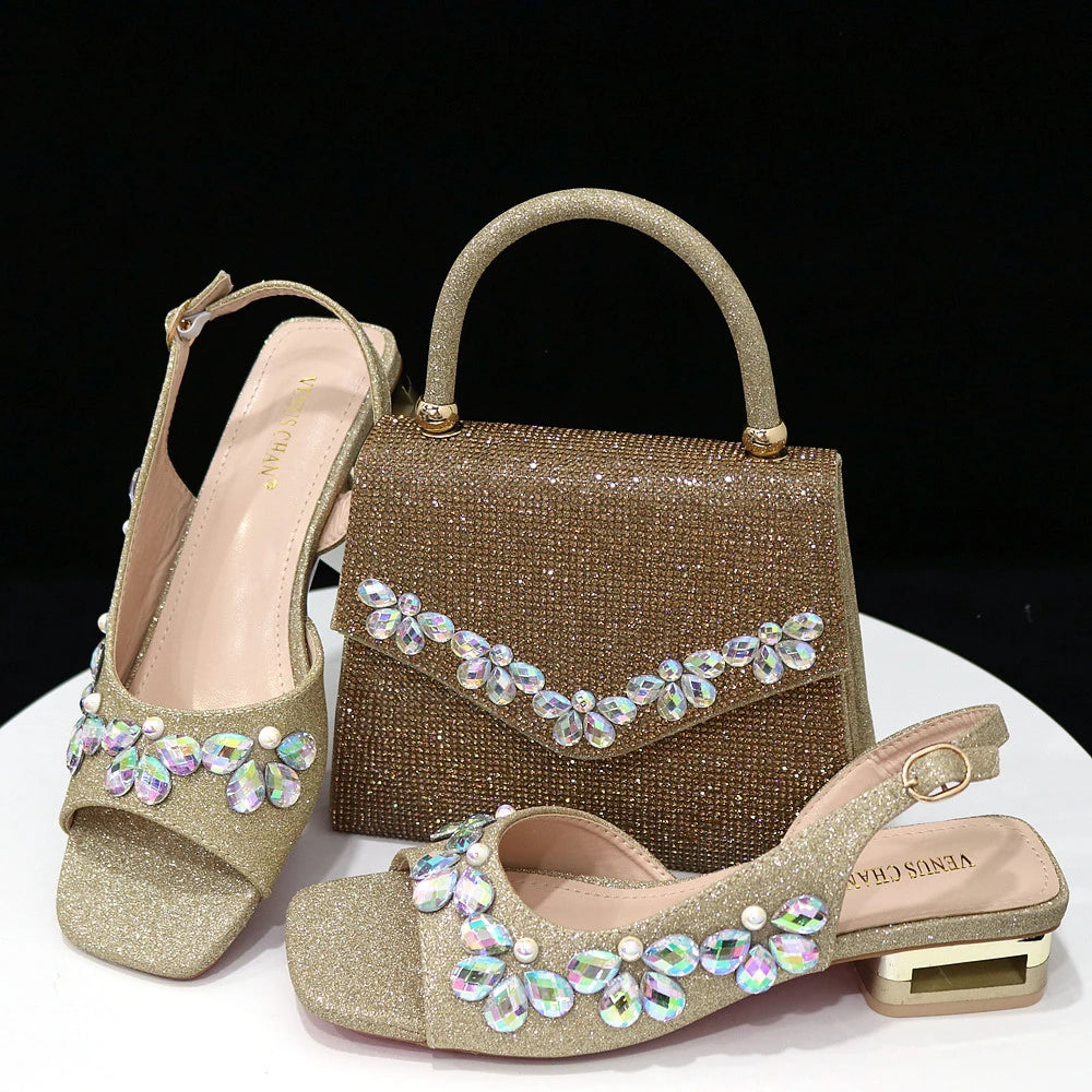 2025 Italian Fashion Women's Heels & Bag Set: Elegant Flower Decoration with Rhinestones